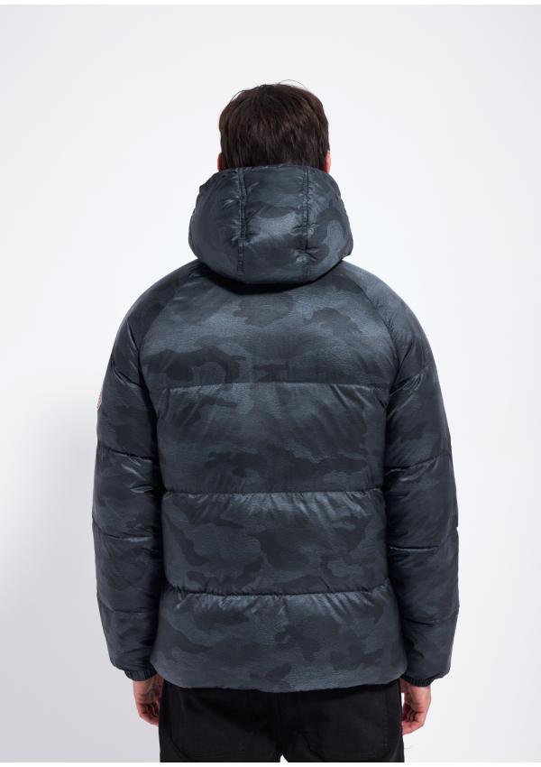 Unisex hooded down jacket with comouflage print Sten Camo | Pyrenex