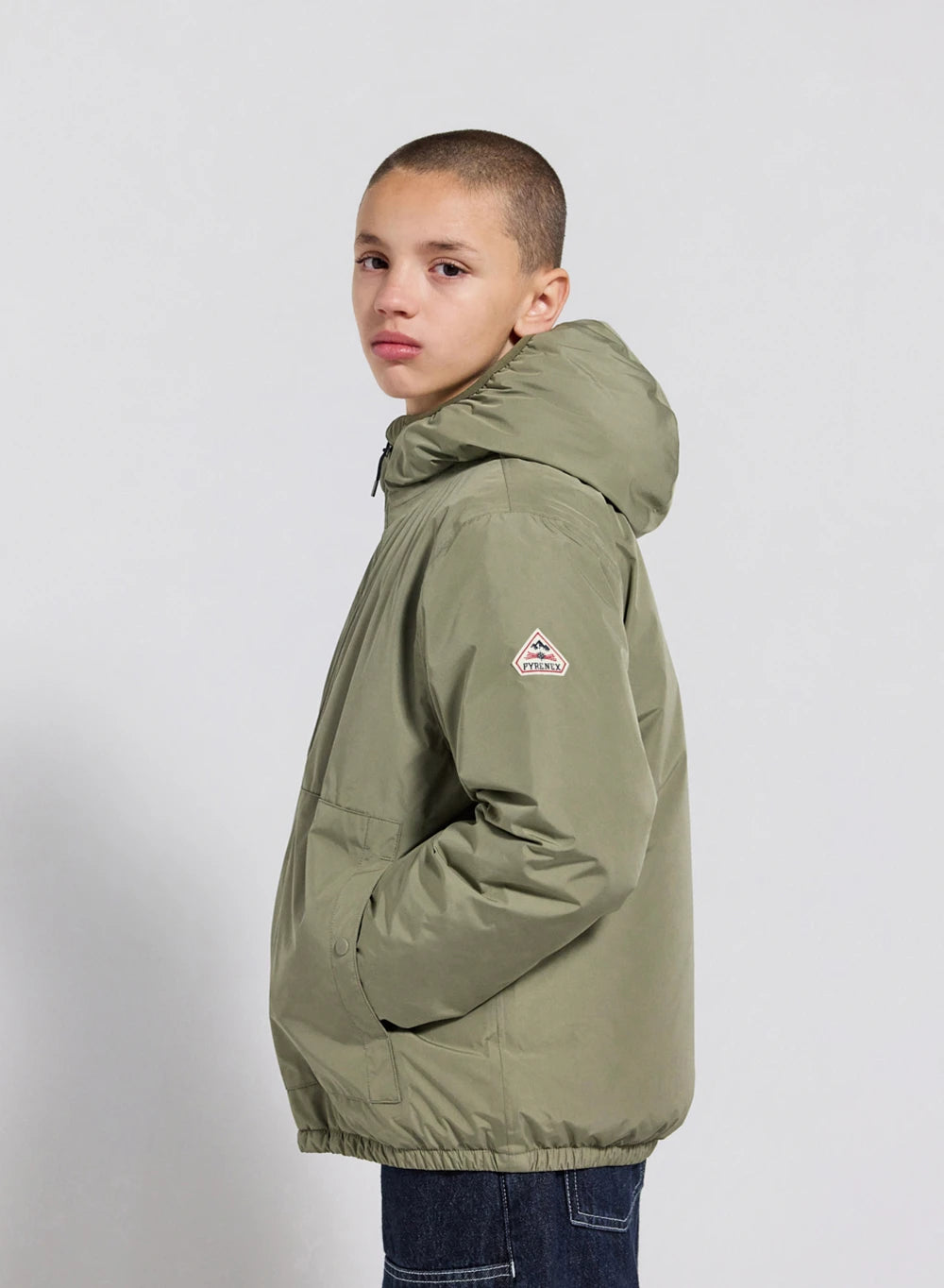 Children's down-filled waterproof jacket with hood, light khaki.-7