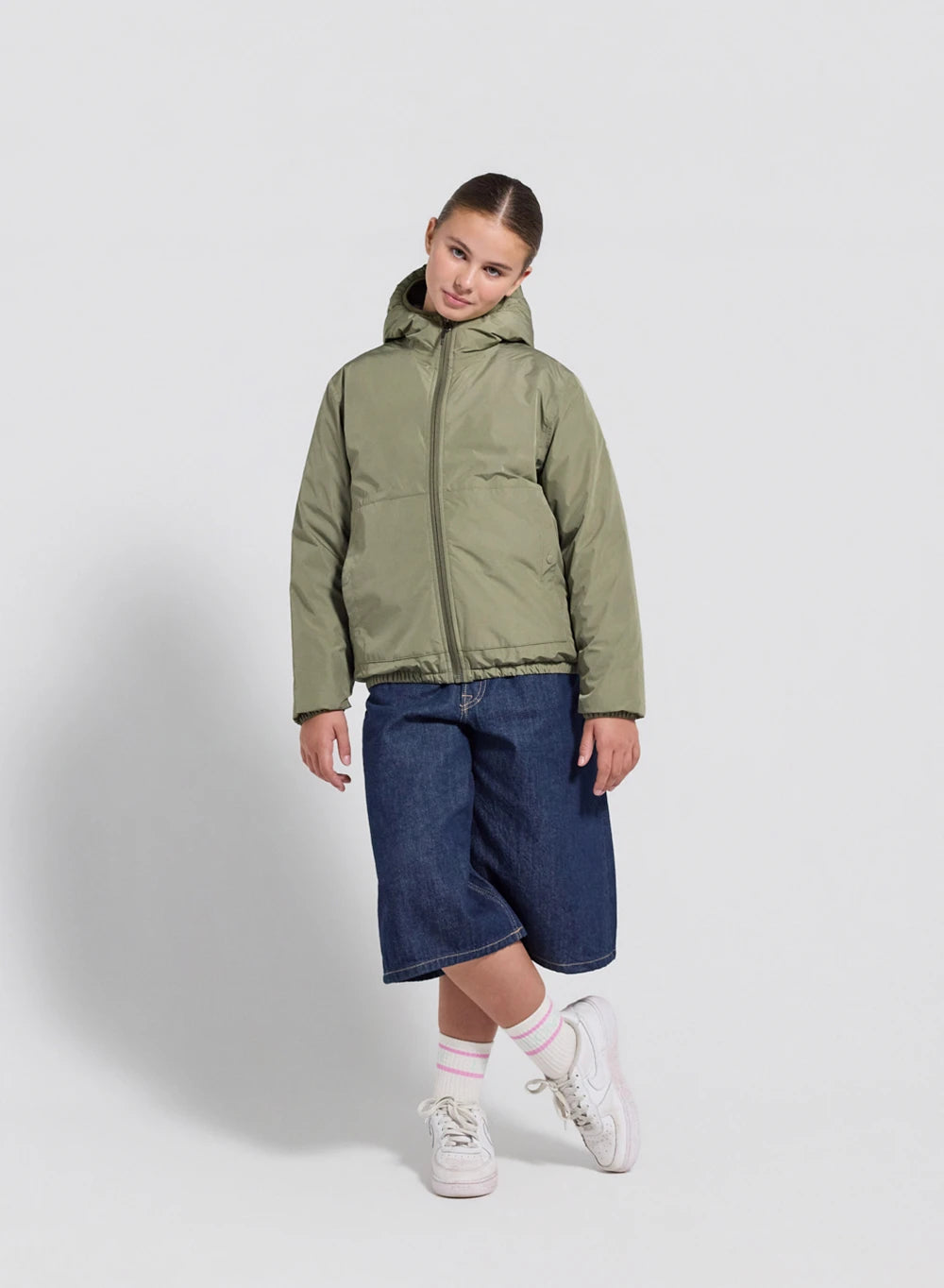 Children's down-filled waterproof jacket with hood, light khaki.-4