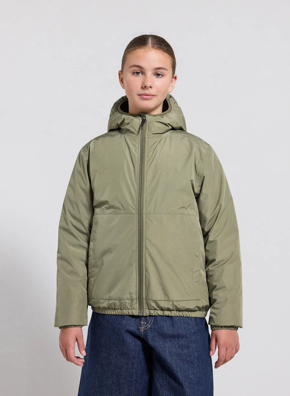 Children's down-filled waterproof jacket with hood, light khaki.-1