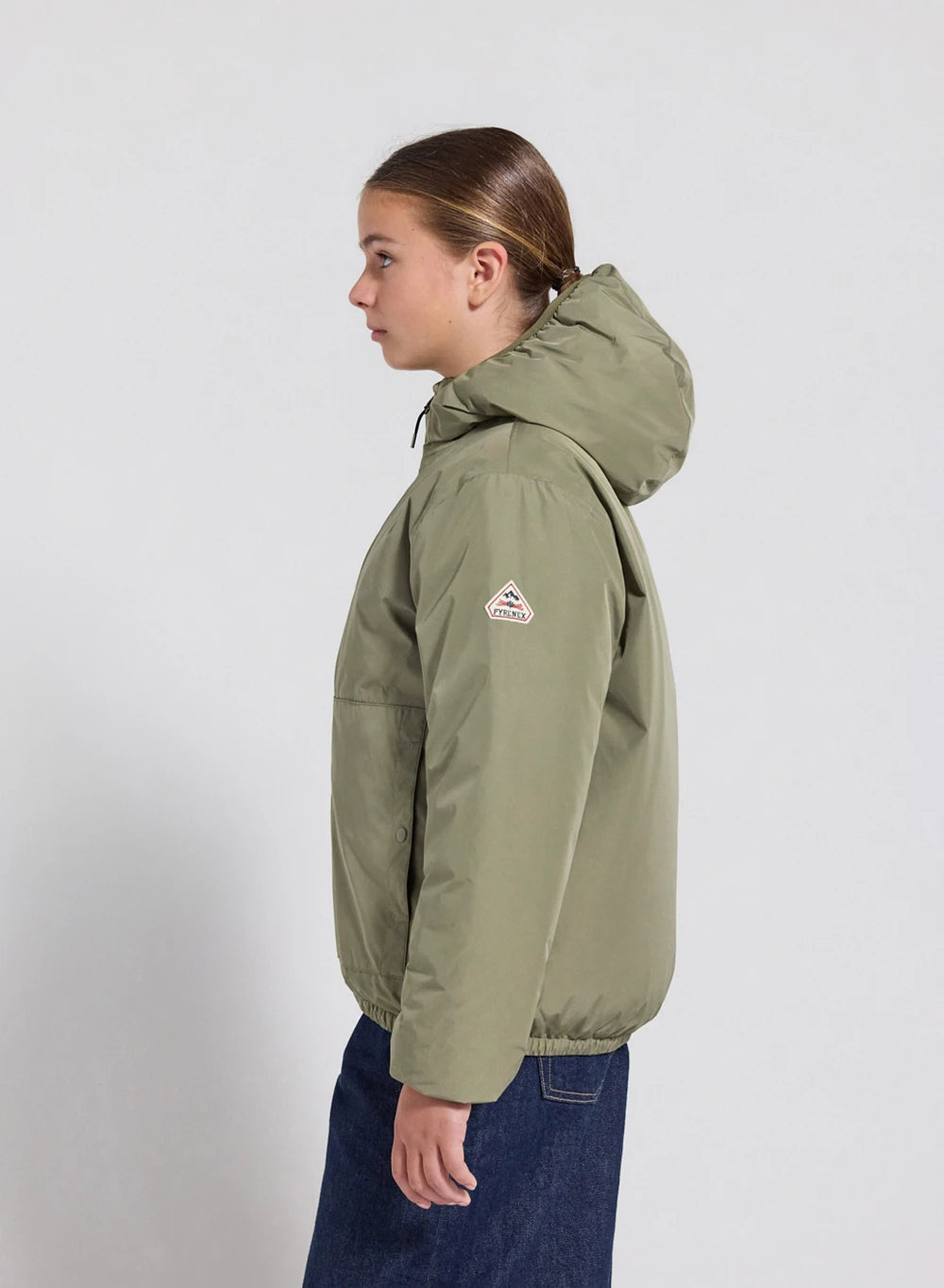 Children's down-filled waterproof jacket with hood, light khaki.-6