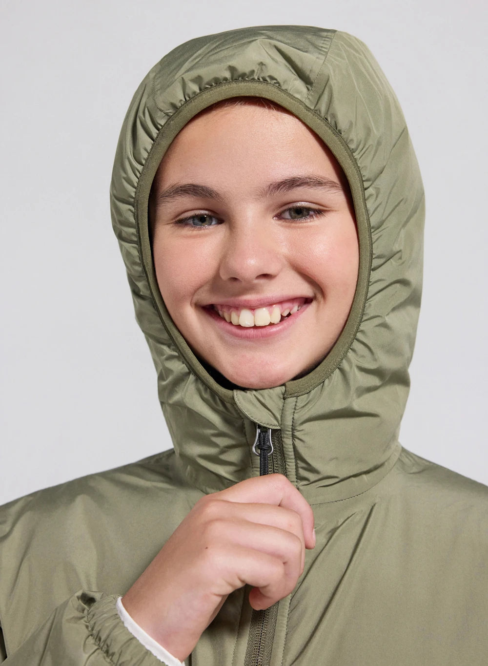 Children's down-filled waterproof jacket with hood, light khaki.-10