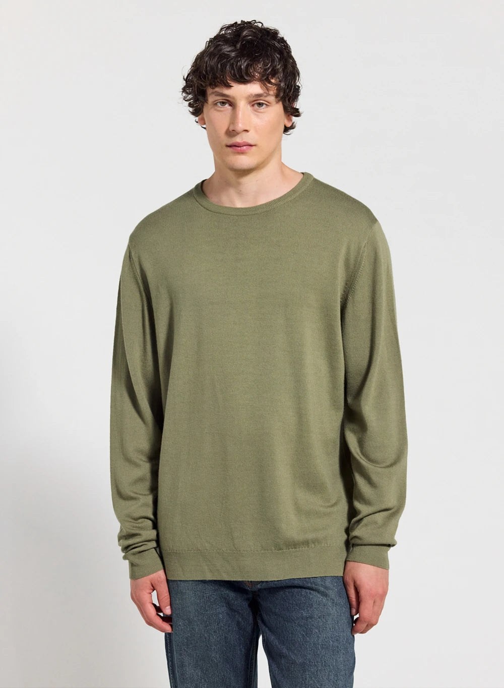 Pull fin col rond en laine mérinos homme Omhet kaki-1