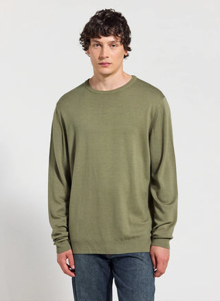 Feiner Pullover mit Rundhalsausschnitt aus Merinowolle Herren Omhet kaki
