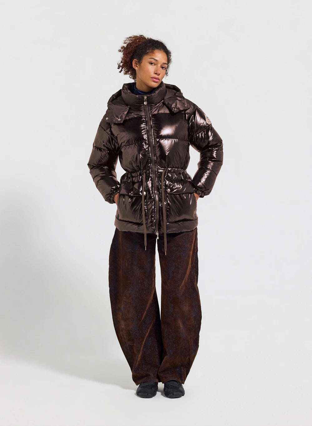 Pyrenex Alexa women's shiny hooded puffer jacket, brown-2