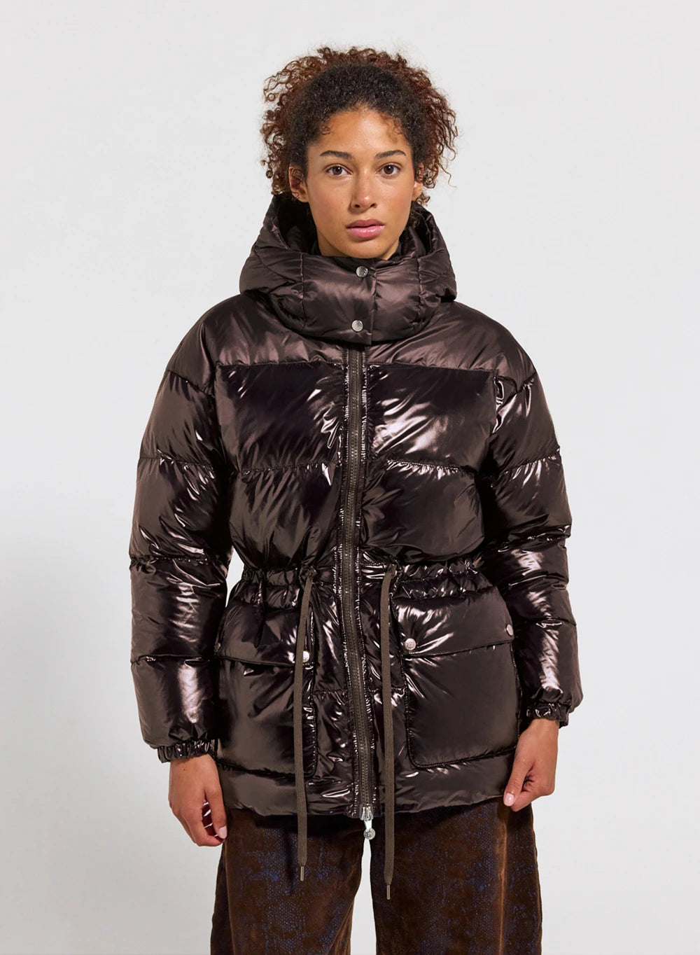 Pyrenex Alexa women's shiny hooded puffer jacket, brown-1