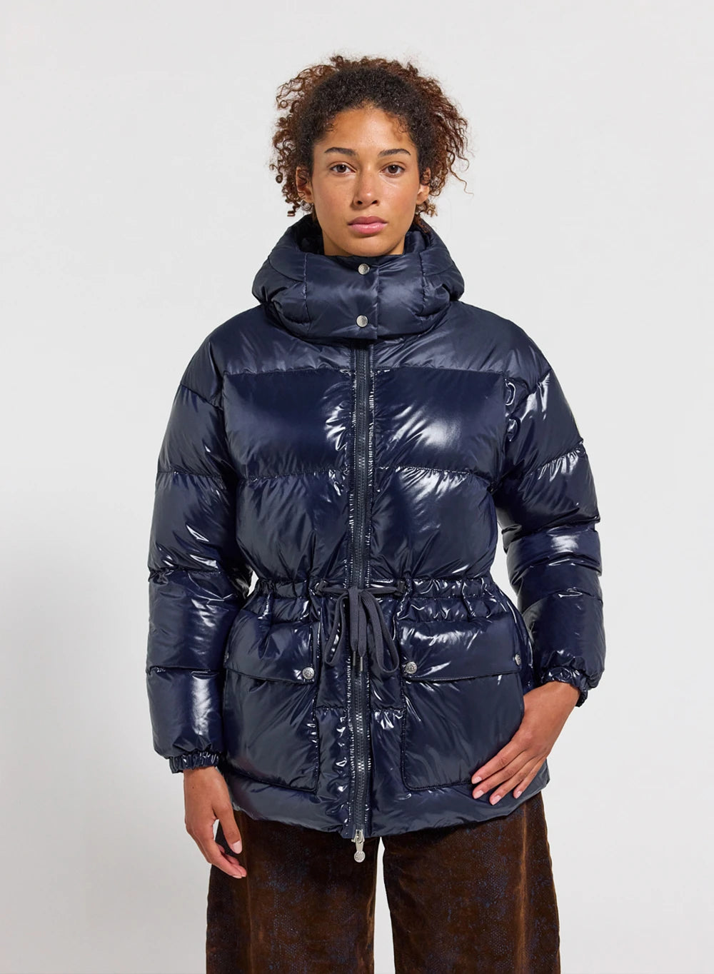 Pyrenex Alexa women's shiny hooded puffer jacket, navy blue-1