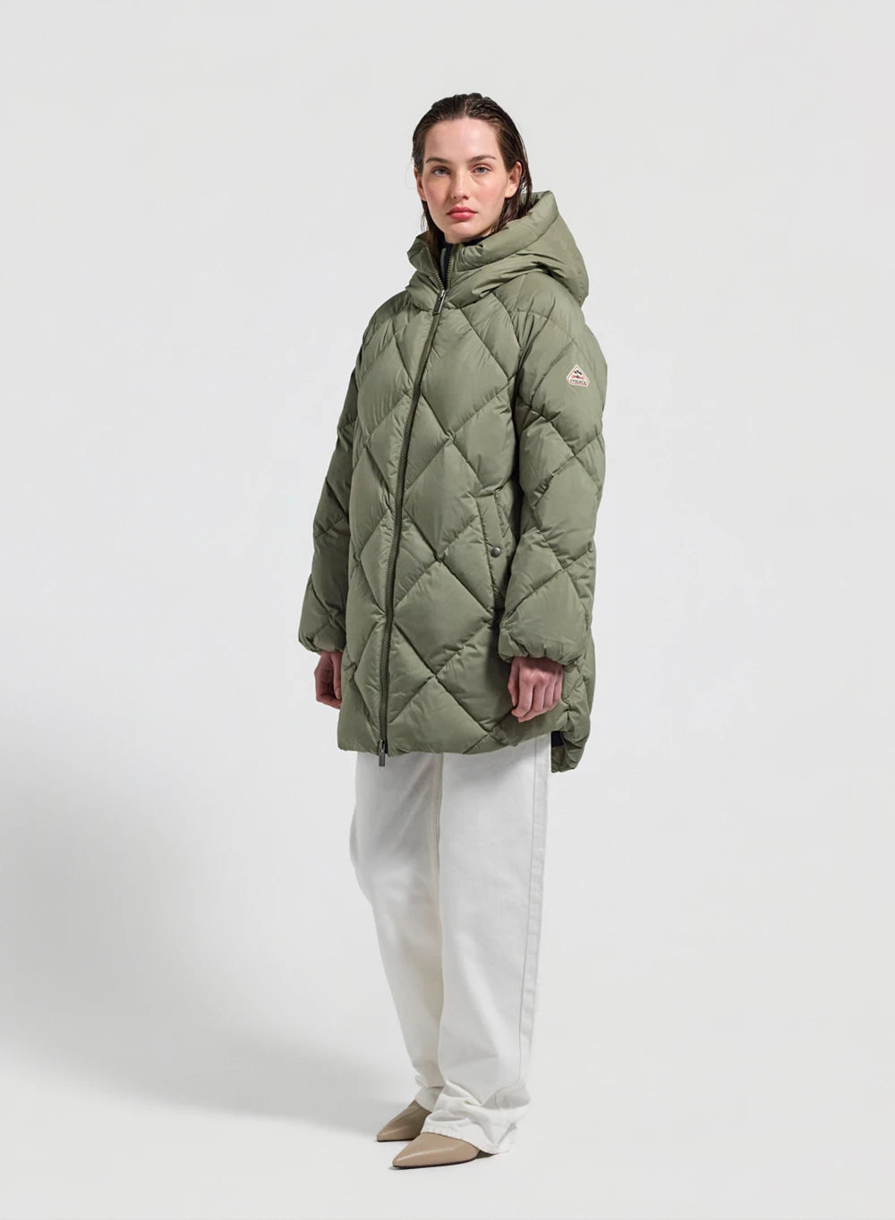 Pyrenex Adele women's long hooded down jacket, light khaki parka-2