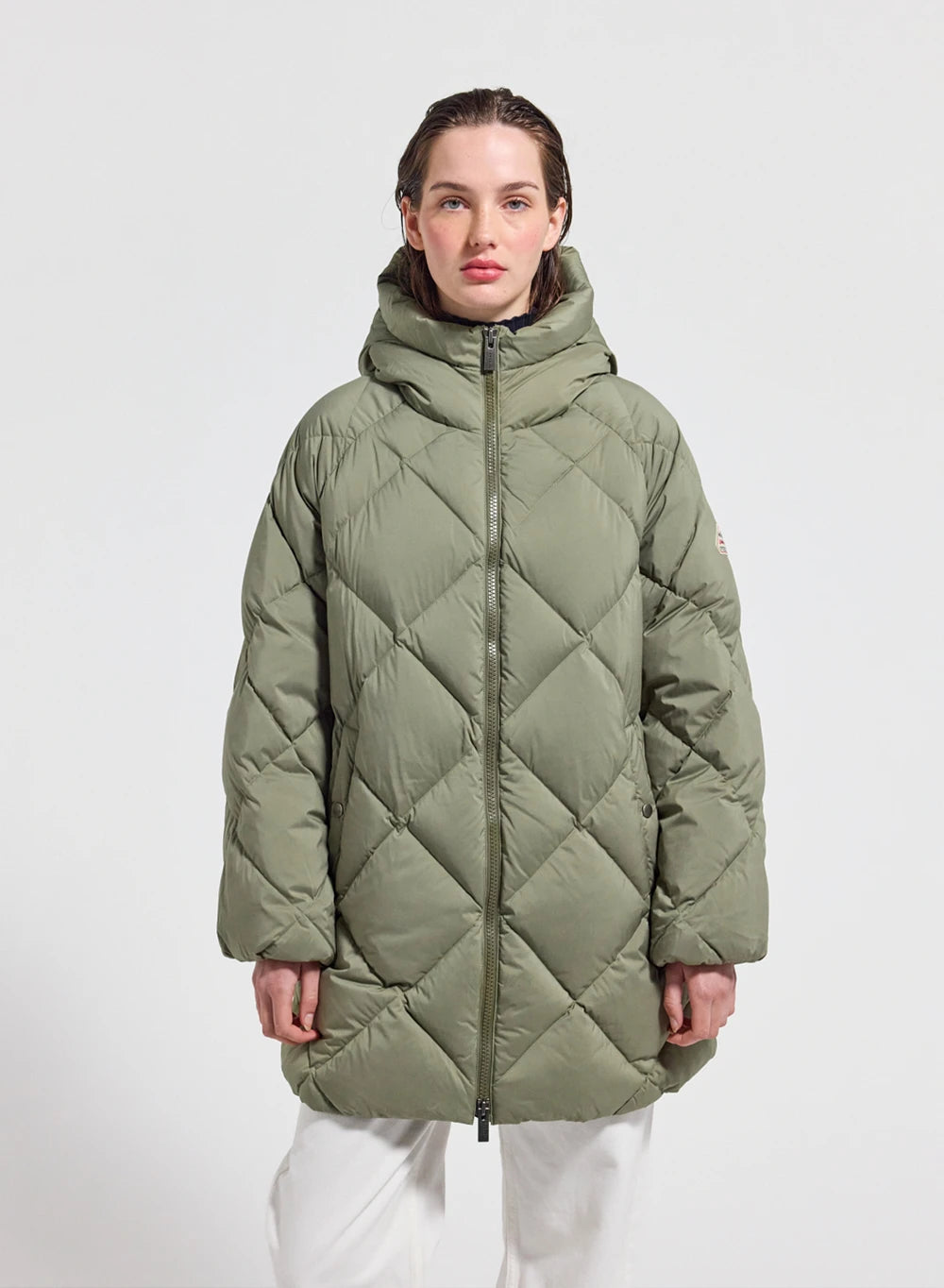 Pyrenex Adele women's long hooded down jacket, light khaki parka-1