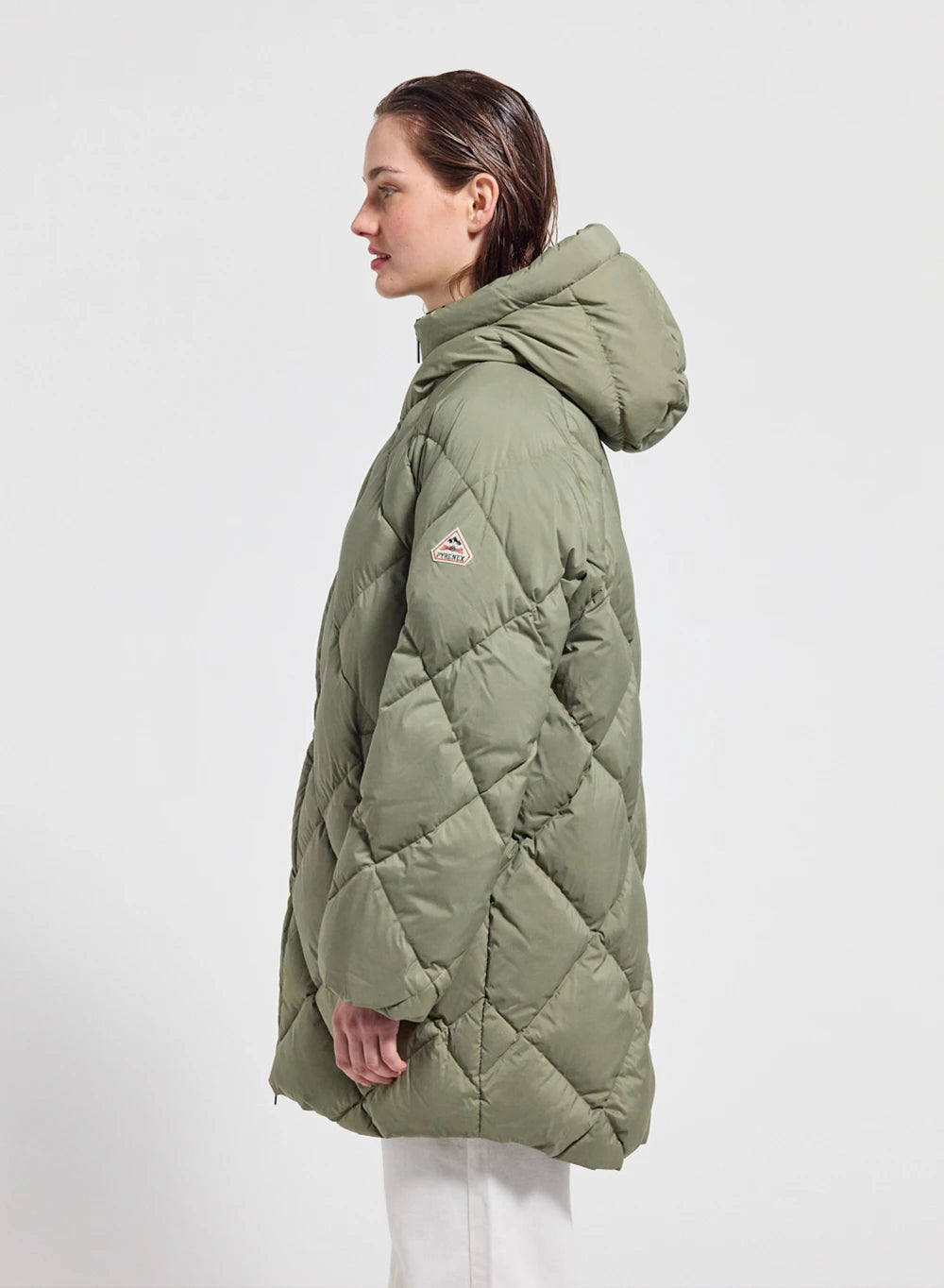 Pyrenex Adele women's long hooded down jacket, light khaki parka-3