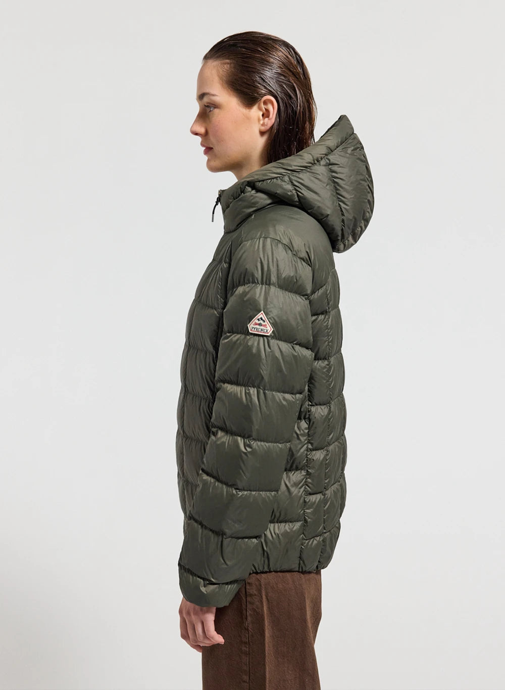 Pyrenex Sunray women's ultra-lightweight hooded down jacket in dark khaki