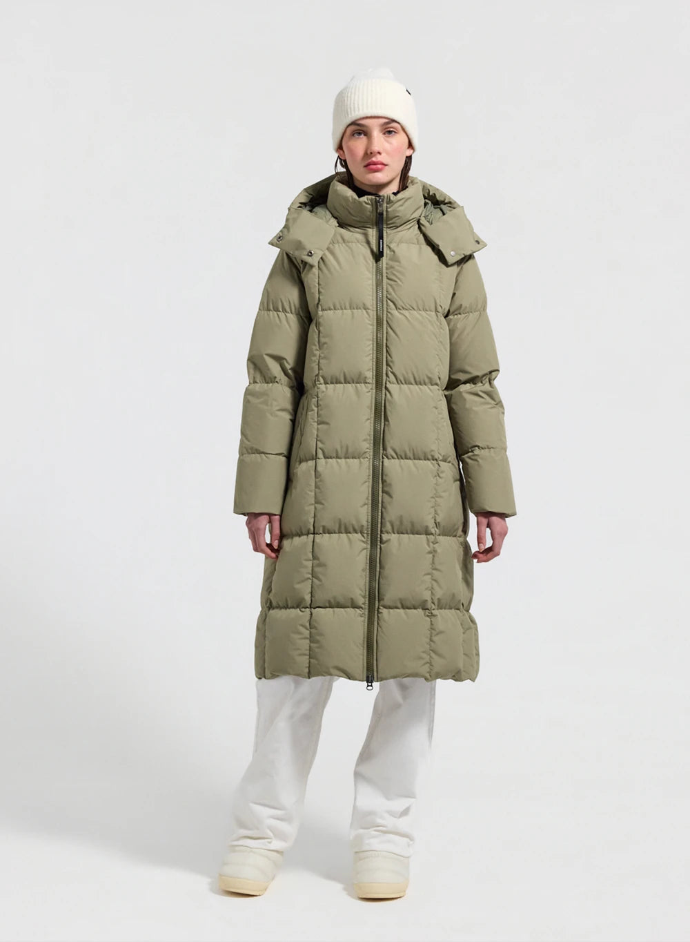 Lange Winterdaunenjacke mit Kapuze Damen Mystery hellkhaki