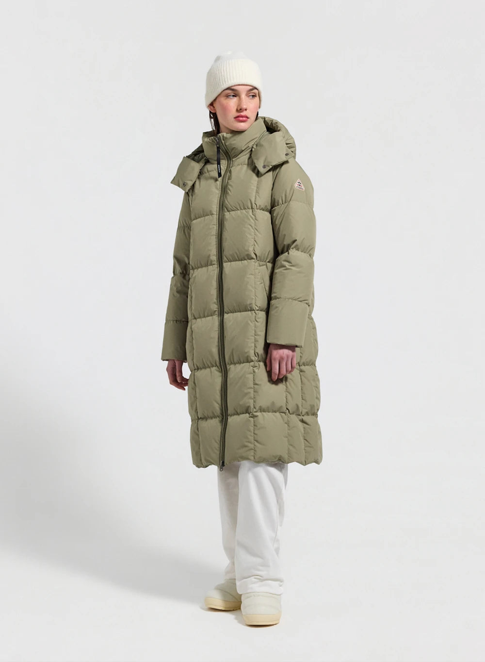 Lange Winterdaunenjacke mit Kapuze Damen Mystery hellkhaki