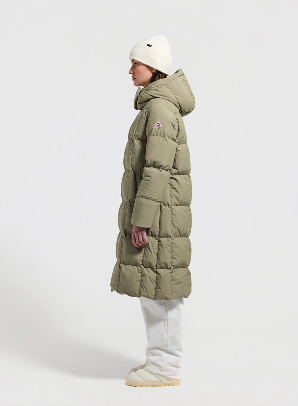 Lange Winterdaunenjacke mit Kapuze Damen Mystery hellkhaki