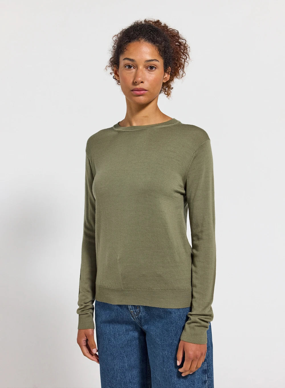 Mysig women's fine round neck merino wool sweater, khaki-1
