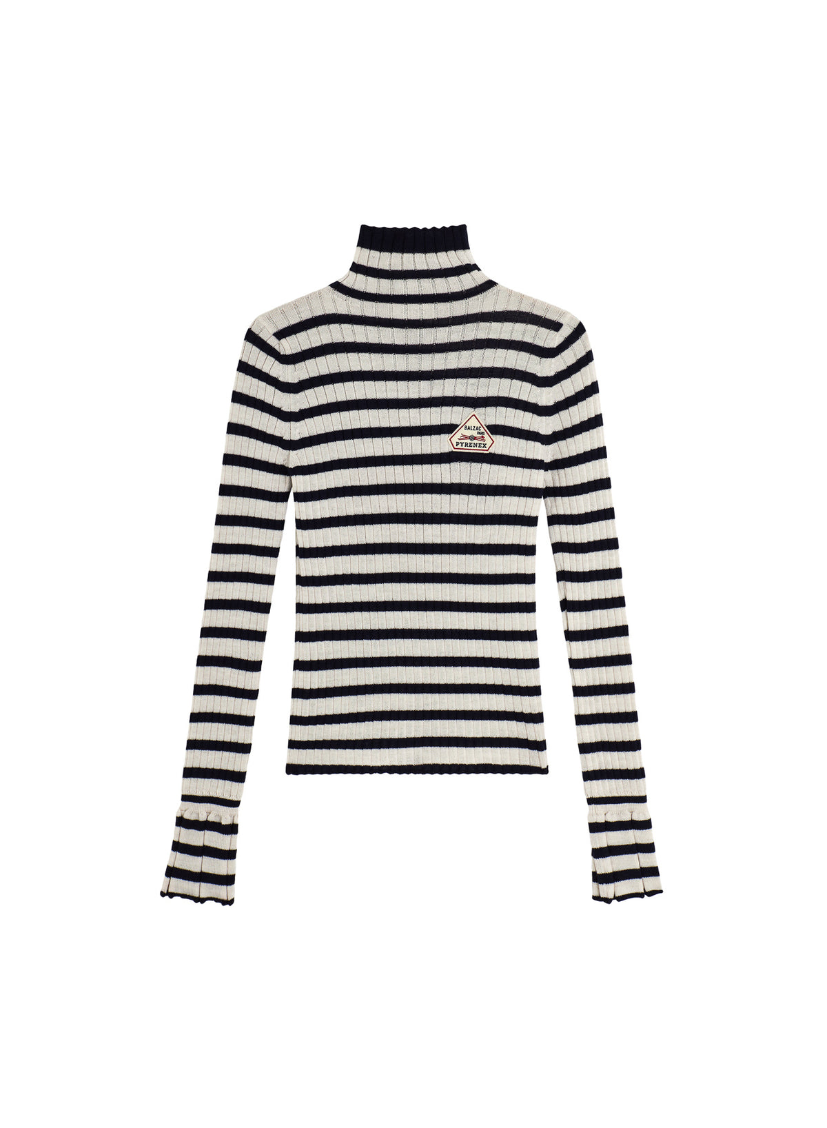 Pull col roulé femme Pyrenex x Balzac Anouk à rayures beige et bleu marine