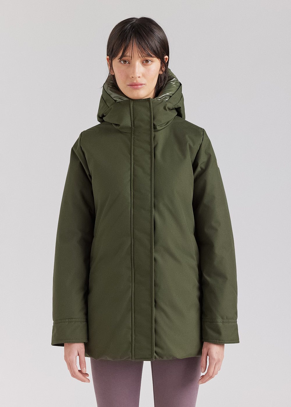 Women's Pyrenex Charlotte hooded mid-length down parka deep khaki-1