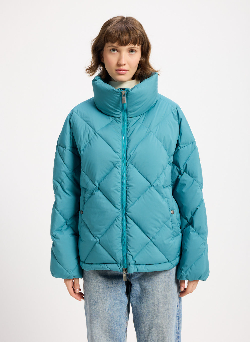 Doudoune oversize femme Pyrenex Adele avec col enveloppant turquoise-1