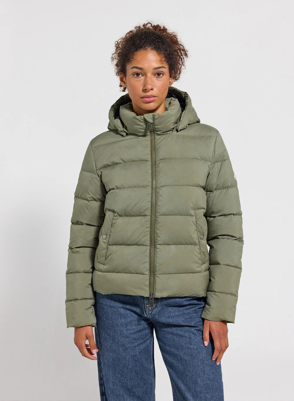 Damen-Daunenjacke Pyrenex Spoutnic mit abnehmbarer Kapuze in hellem Khaki