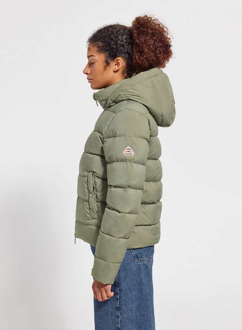 Damen-Daunenjacke Pyrenex Spoutnic mit abnehmbarer Kapuze in hellem Khaki