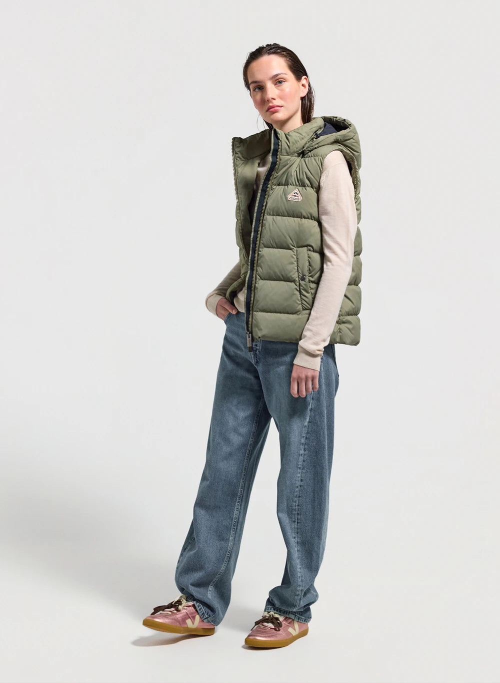 Ärmellose Daunenjacke Damen Pyrenex Spoutnic mit abnehmbarer Kapuze hellkhaki