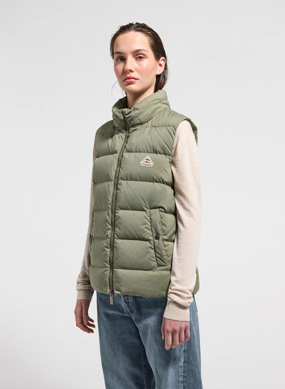 Ärmellose Daunenjacke Damen Pyrenex Spoutnic mit abnehmbarer Kapuze hellkhaki