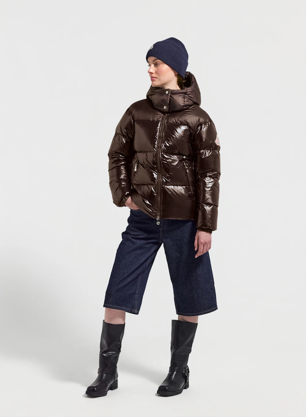 Lively brown women's shiny puffer jacket-2
