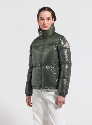 Short glossy down jacket for women Pyrenex Goldin dark khaki