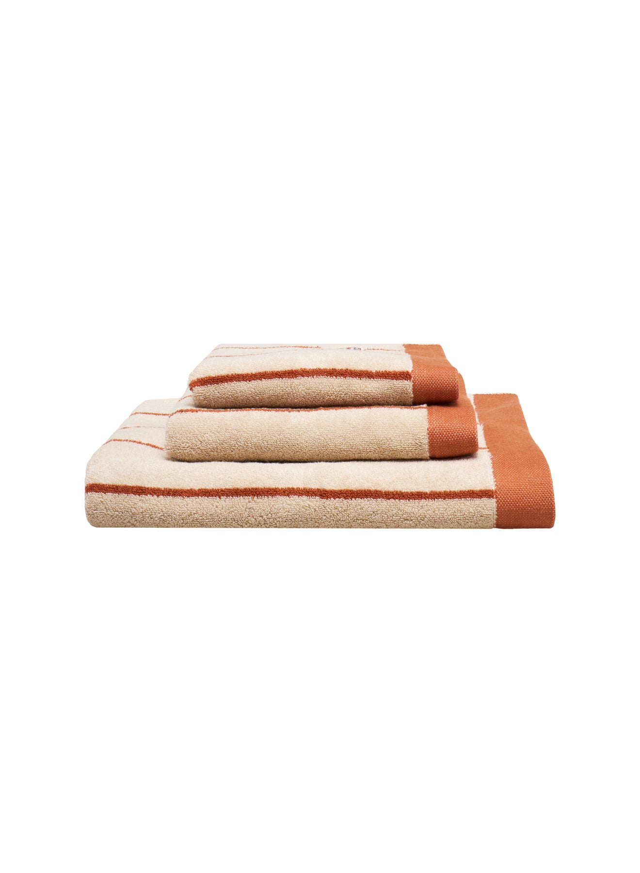 serviettes éponges rayées beige et terracotta