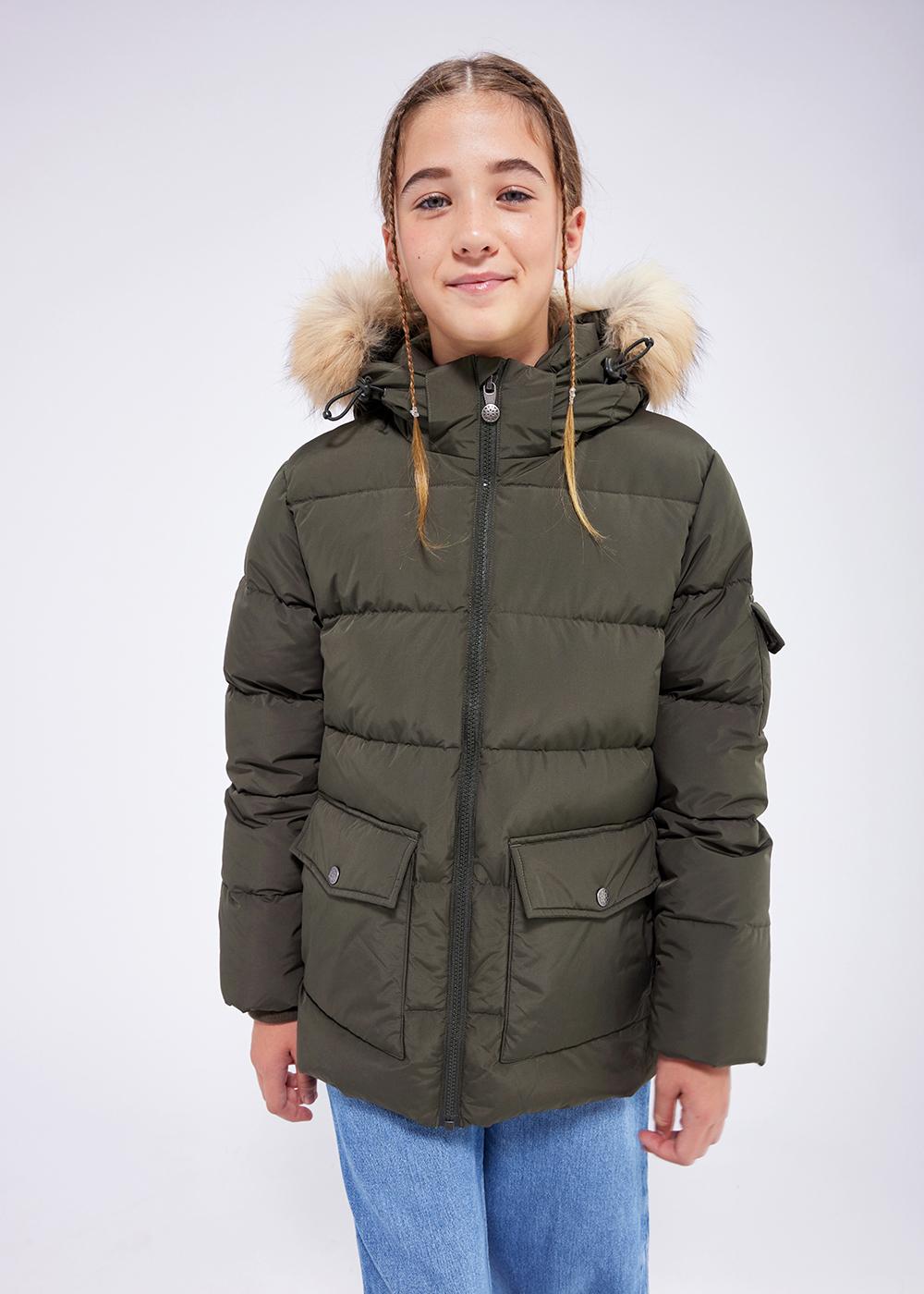 Authentische Daunenjacke aus glattem Kunstfell, tiefes Khaki-3