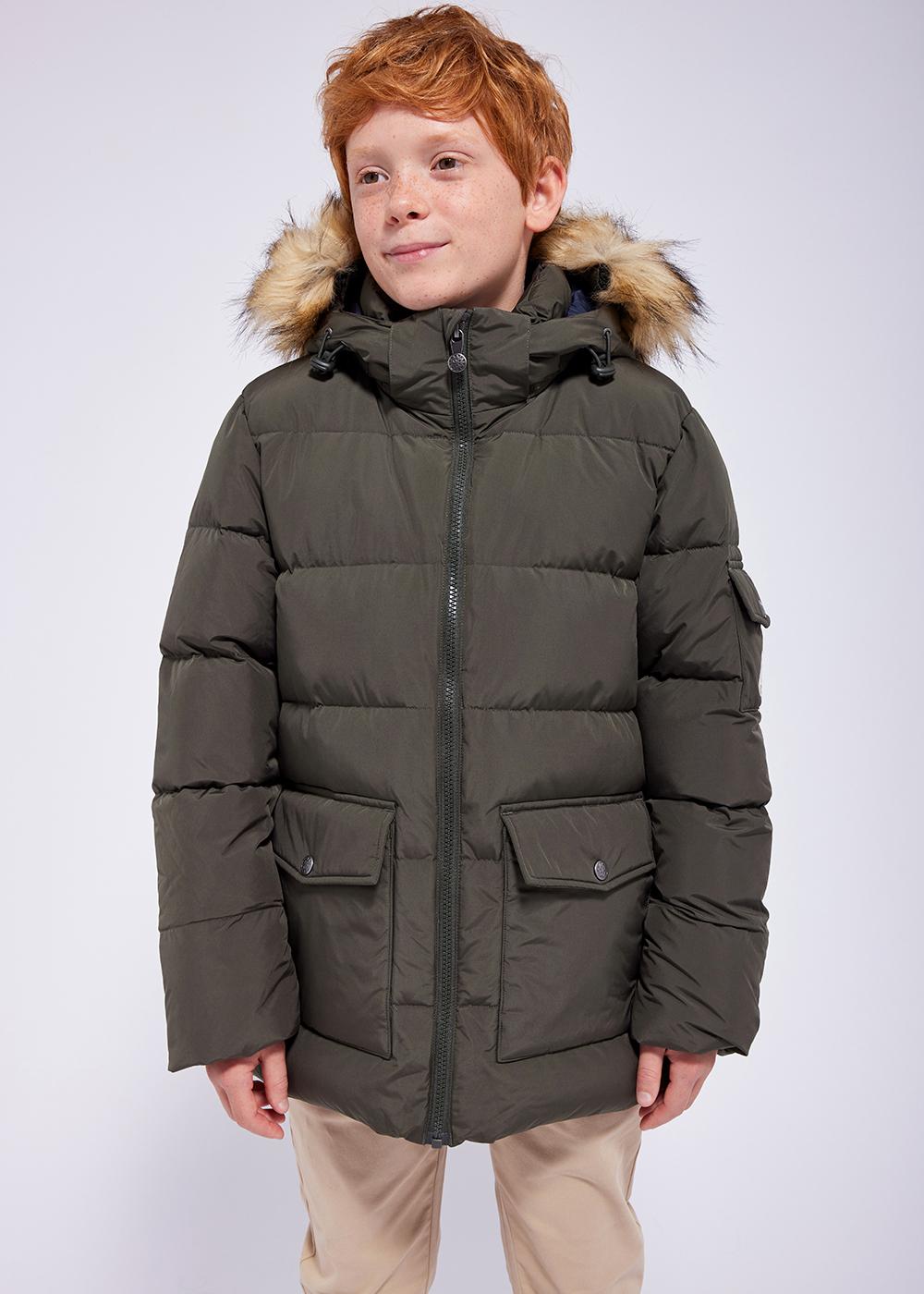 Authentische Daunenjacke aus glattem Kunstfell, tiefes Khaki-1