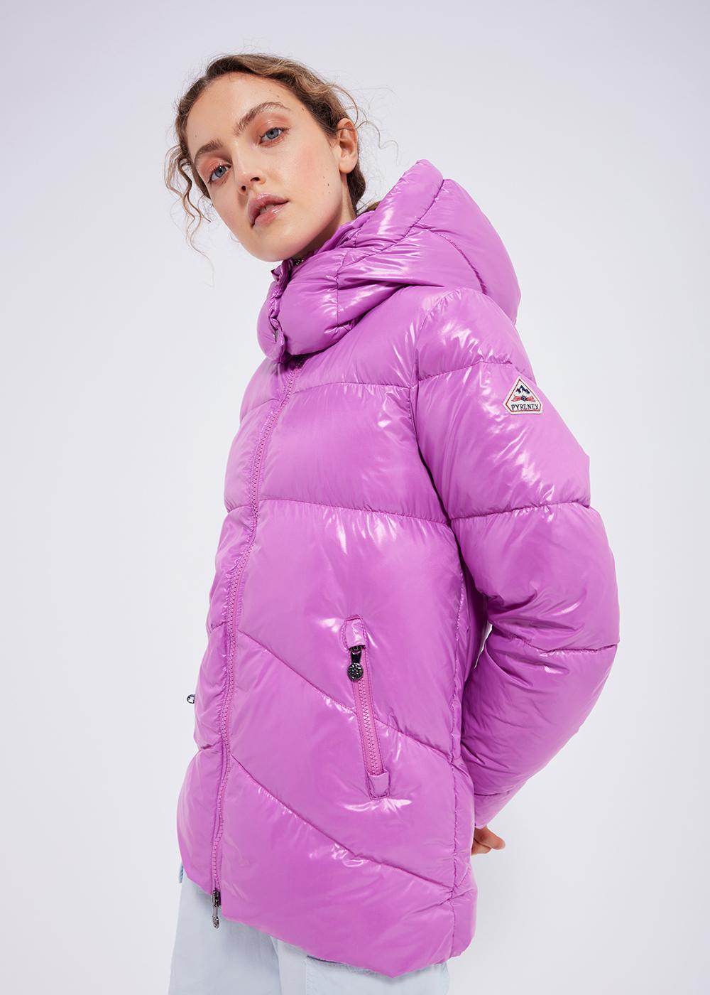 Pyrenex Galactic glänzende Daunenjacke für Damen mit Kapuze Fuchsia-3