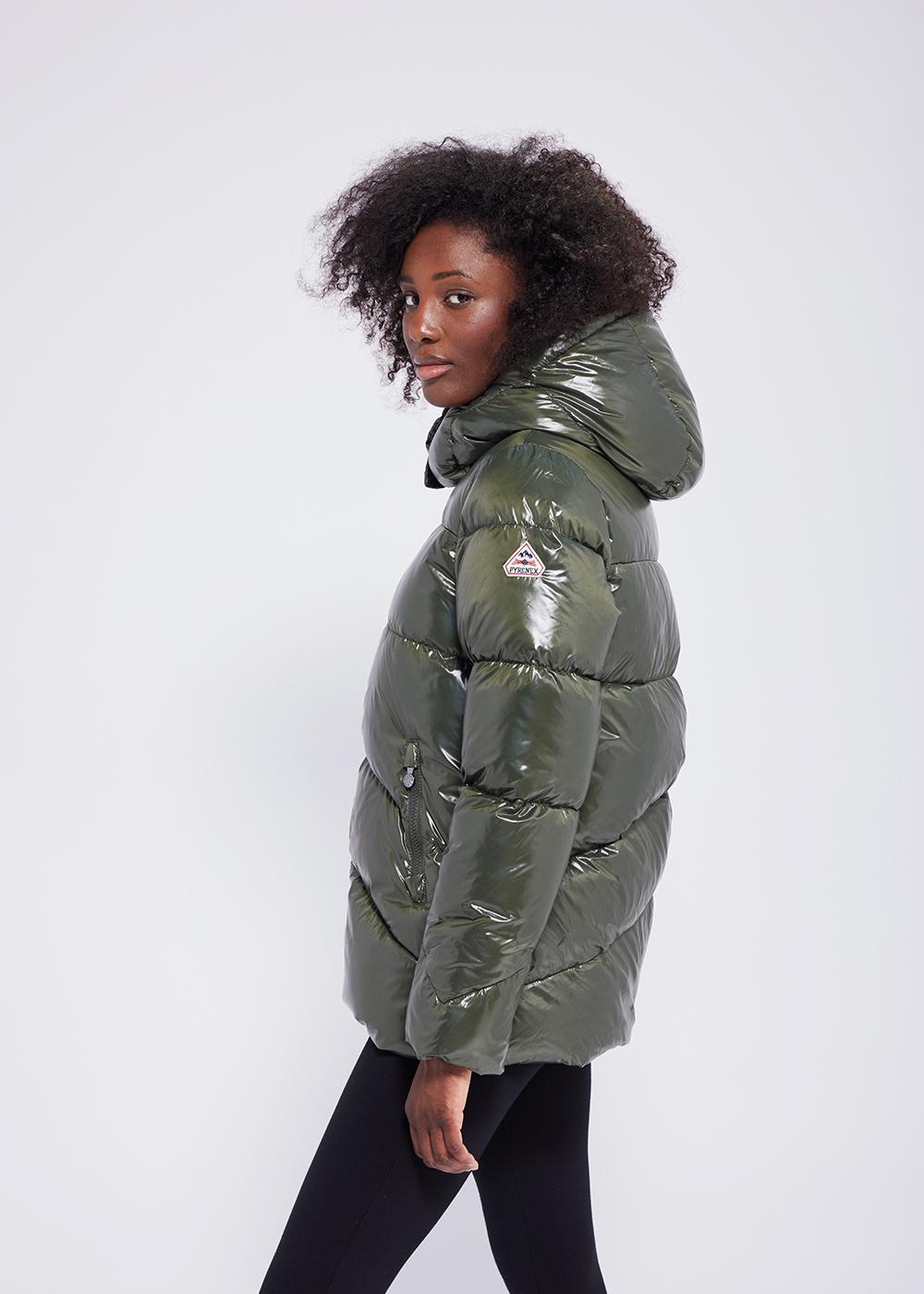 Glänzende Daunenjacke für Damen von Pyrenex Galactic mit Kapuze. Tiefes Khaki-4