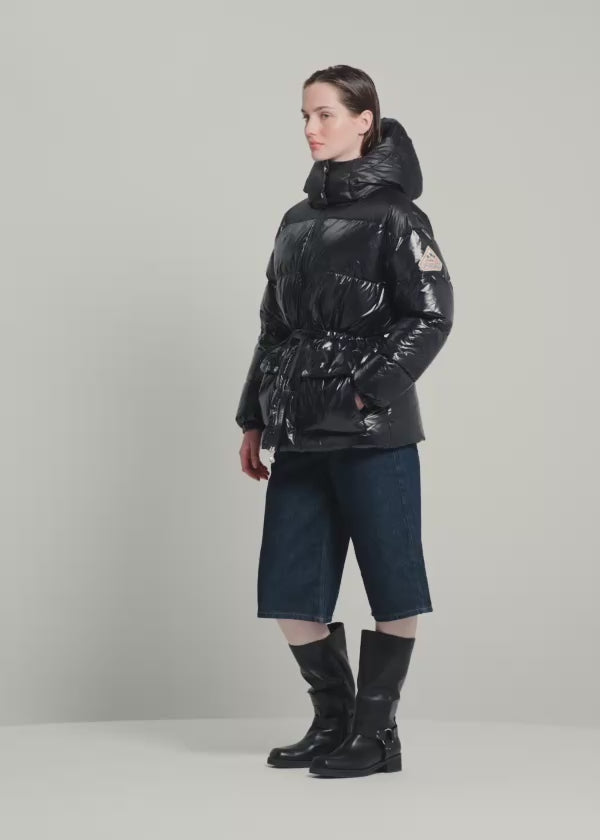 Pyrenex Alexa women's shiny hooded puffer jacket in black-2
