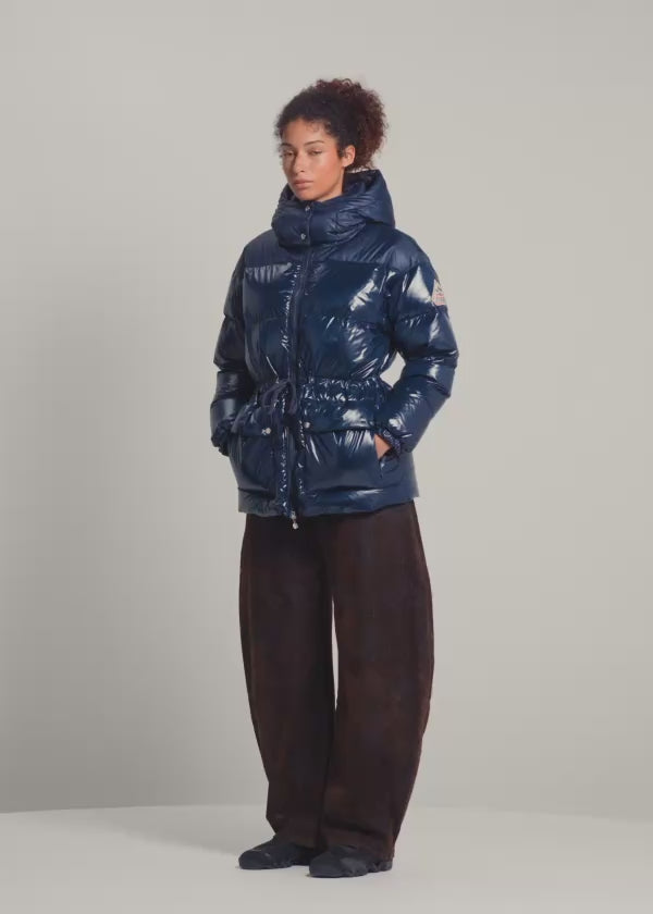 Pyrenex Alexa women's shiny hooded puffer jacket, navy blue-2